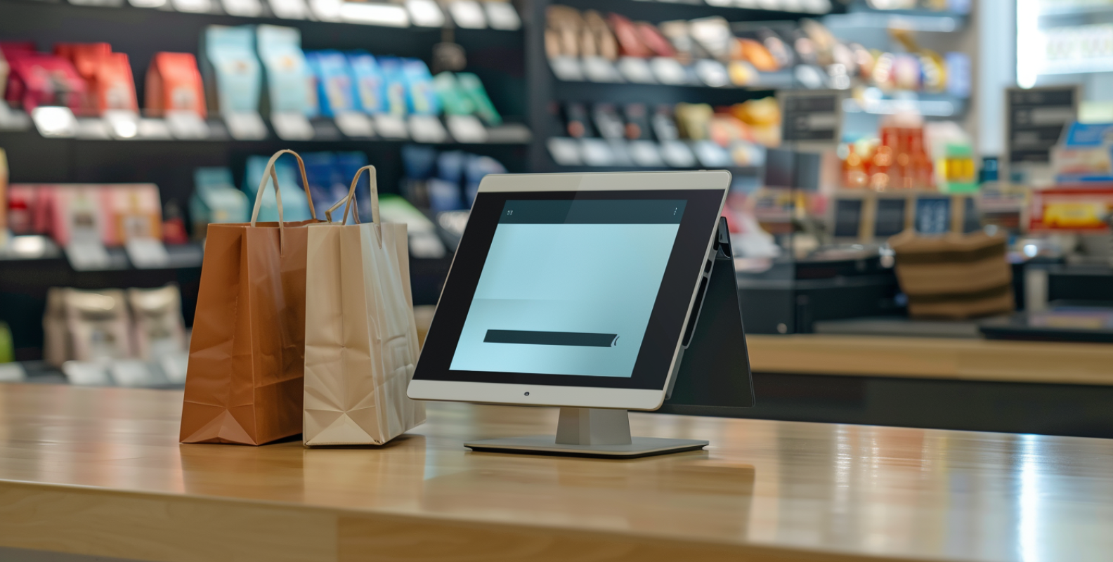 Digitales Kassensystem auf einer Ladentheke, Einkaufstüten im Hintergrund