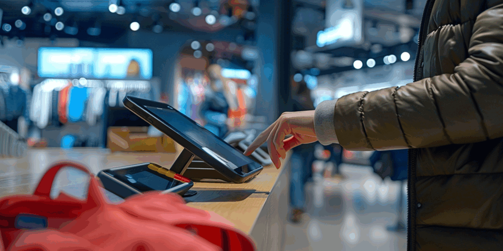 Bezahlvorgang an Tablet-Kasse im Einzelhandel Bezahlung an einem modernen Kassensystem im Einzelhandel, Kunde bezahlt an digitaler Tablet-Kasse