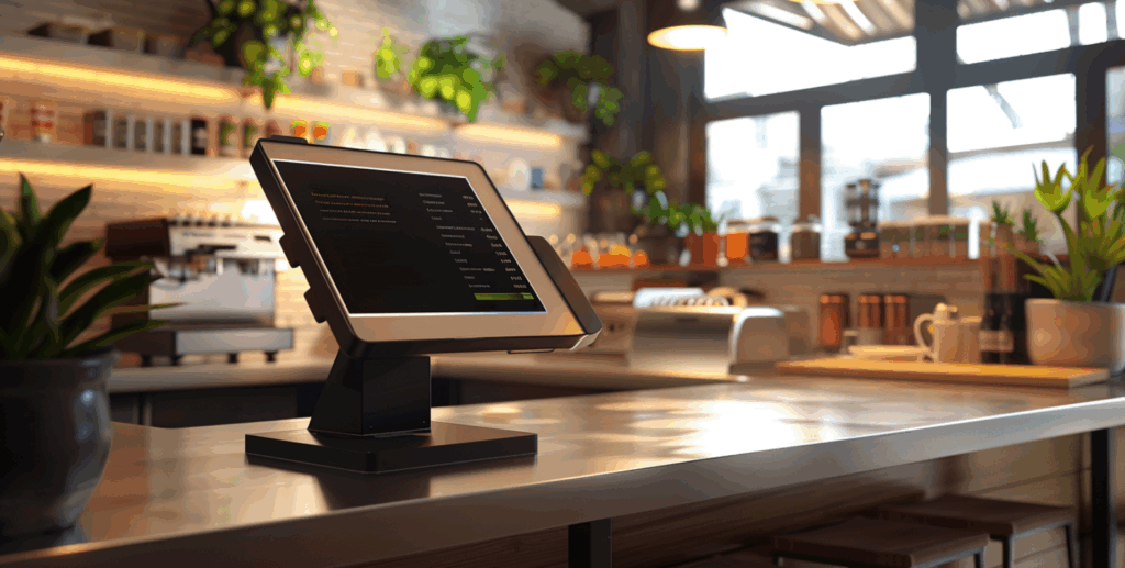 Modernes Kassensystem auf einem Tresen in einem Restaurant, Pflanzen im Hintergrund.