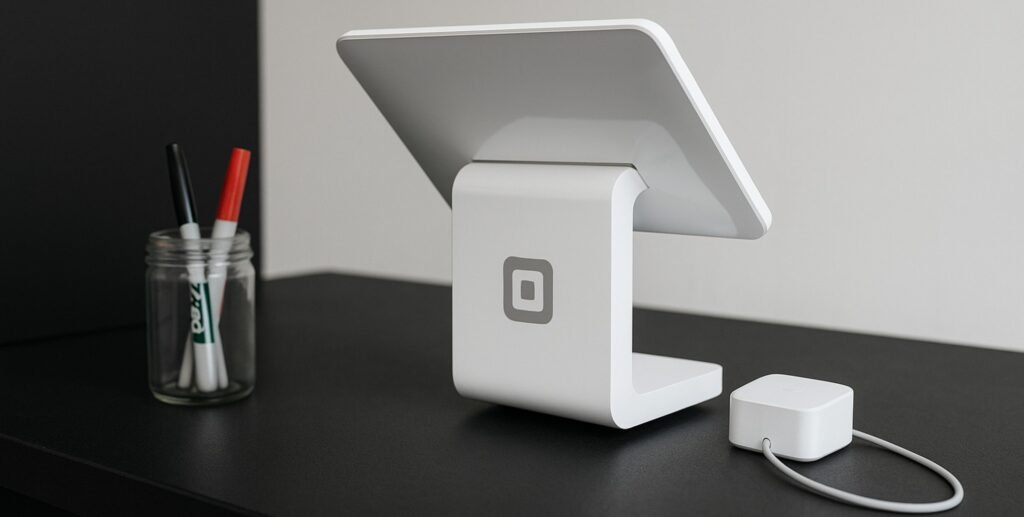 Eine digitale Tablet Kasse steht auf einem schwarzen Schreibtisch, daneben steht ein Glas mit Stiften.