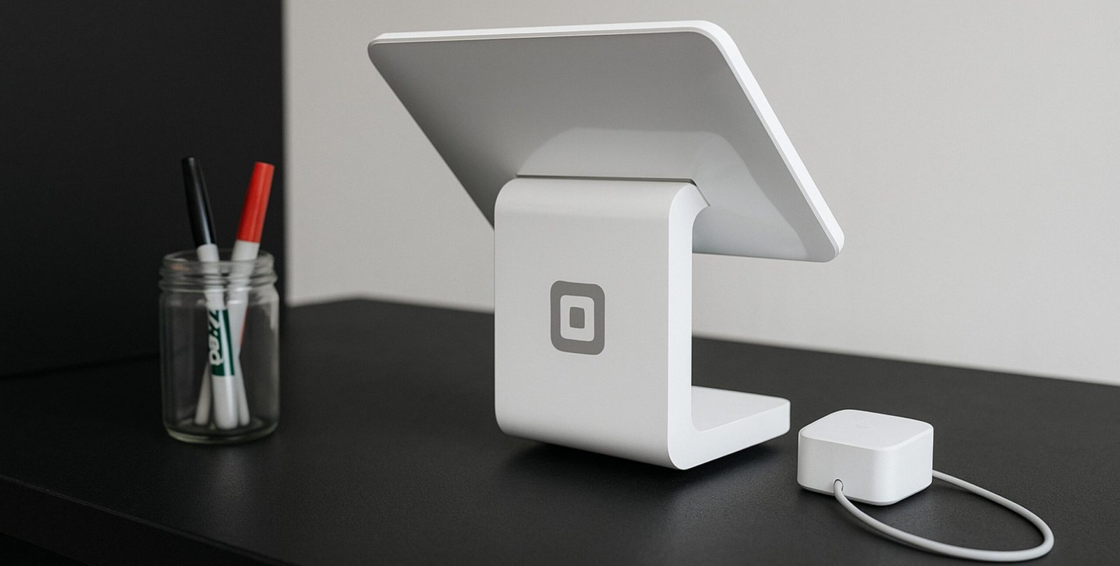 Eine digitale Tablet Kasse steht auf einem schwarzen Schreibtisch, daneben steht ein Glas mit Stiften.